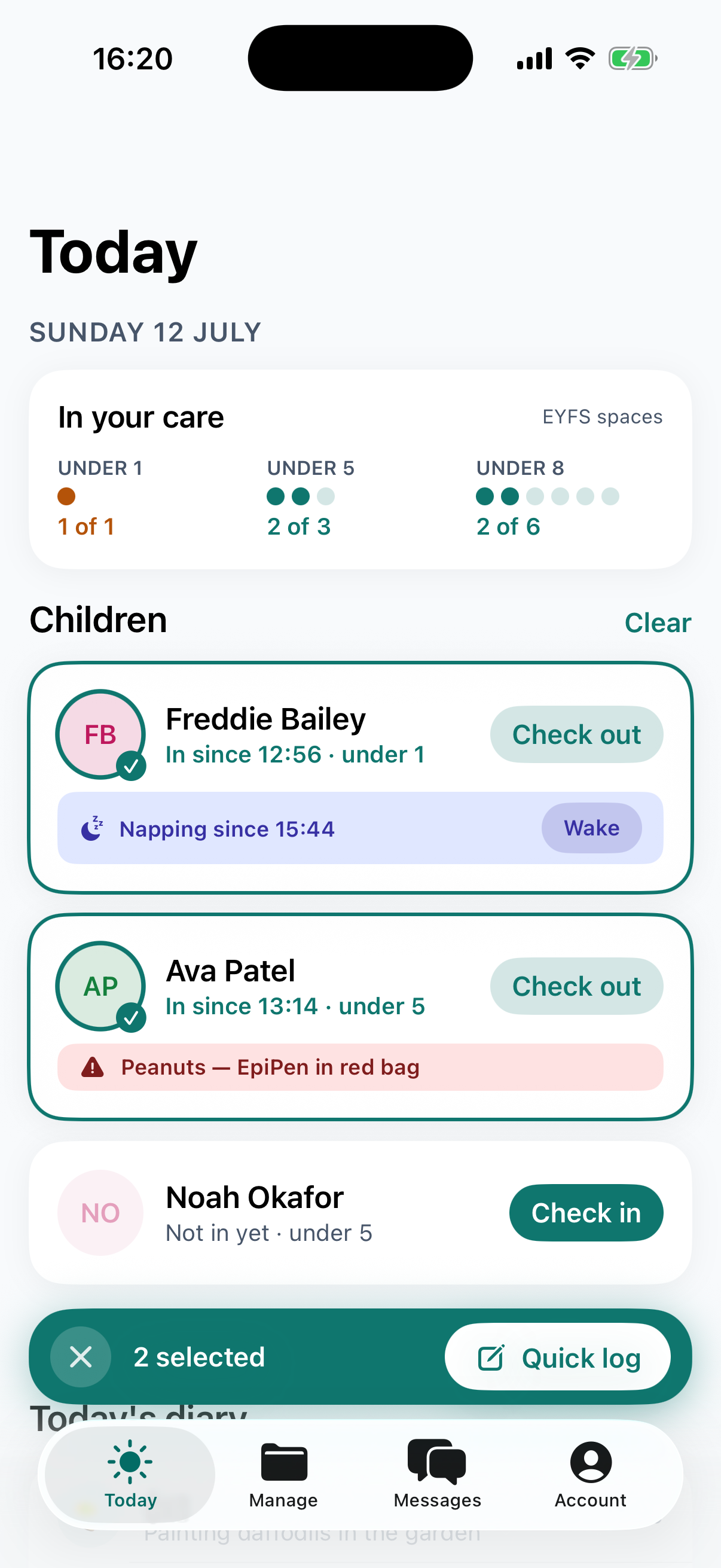 The native MinderHQ childminder Today tab on an iPhone, showing EYFS spaces, demo children and Check in buttons