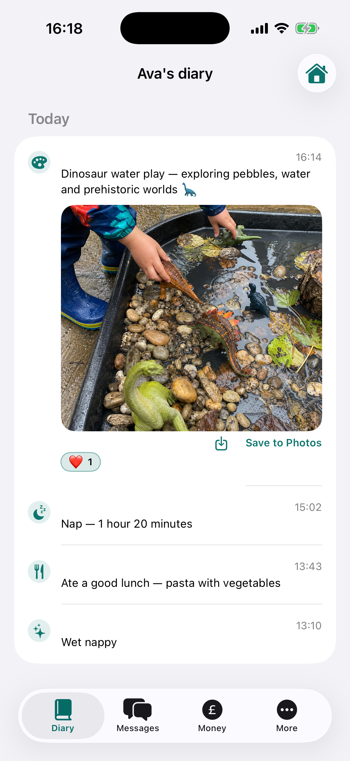 A parent's view in the MinderHQ app: their child's day with a photo of dinosaur water play in the garden