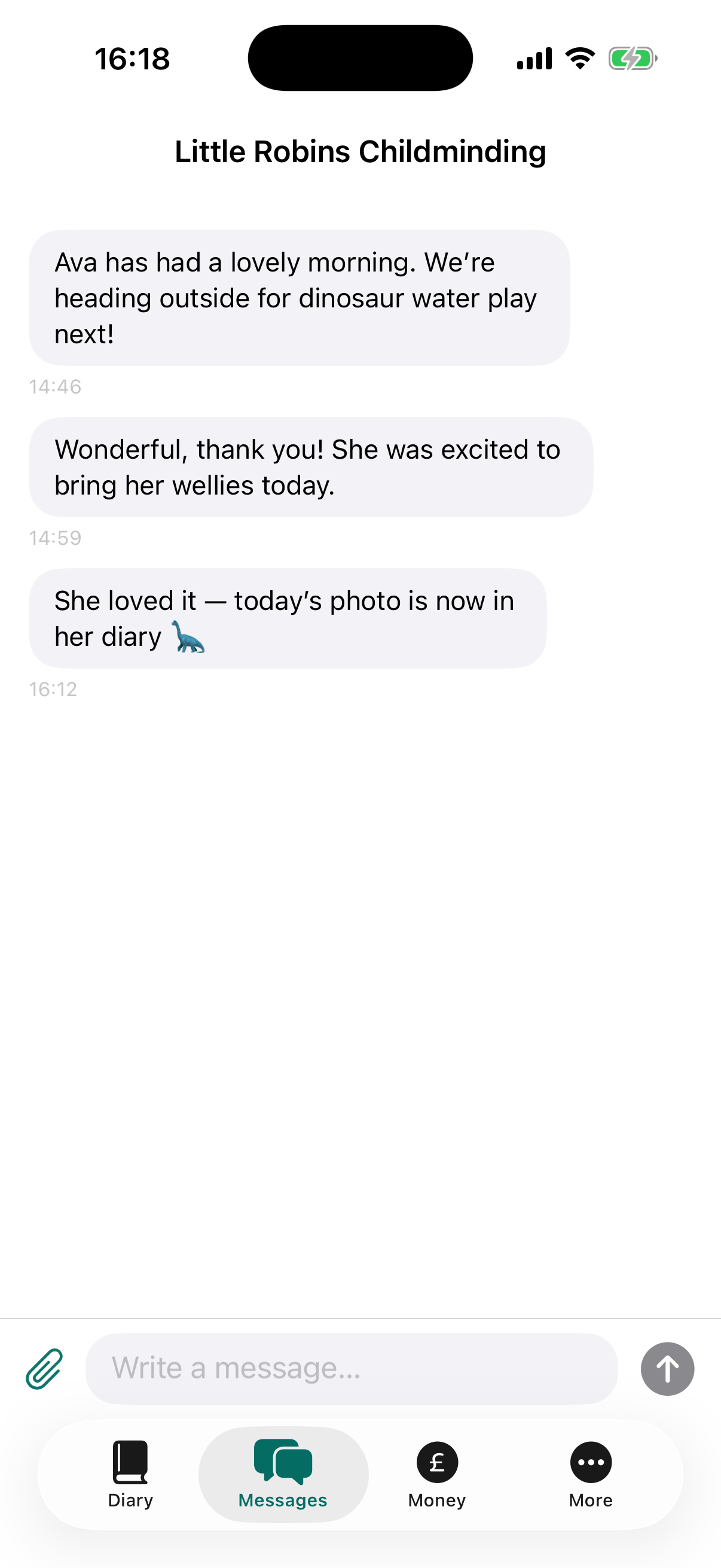 A parent's phone showing the private message thread with their childminder in the MinderHQ app