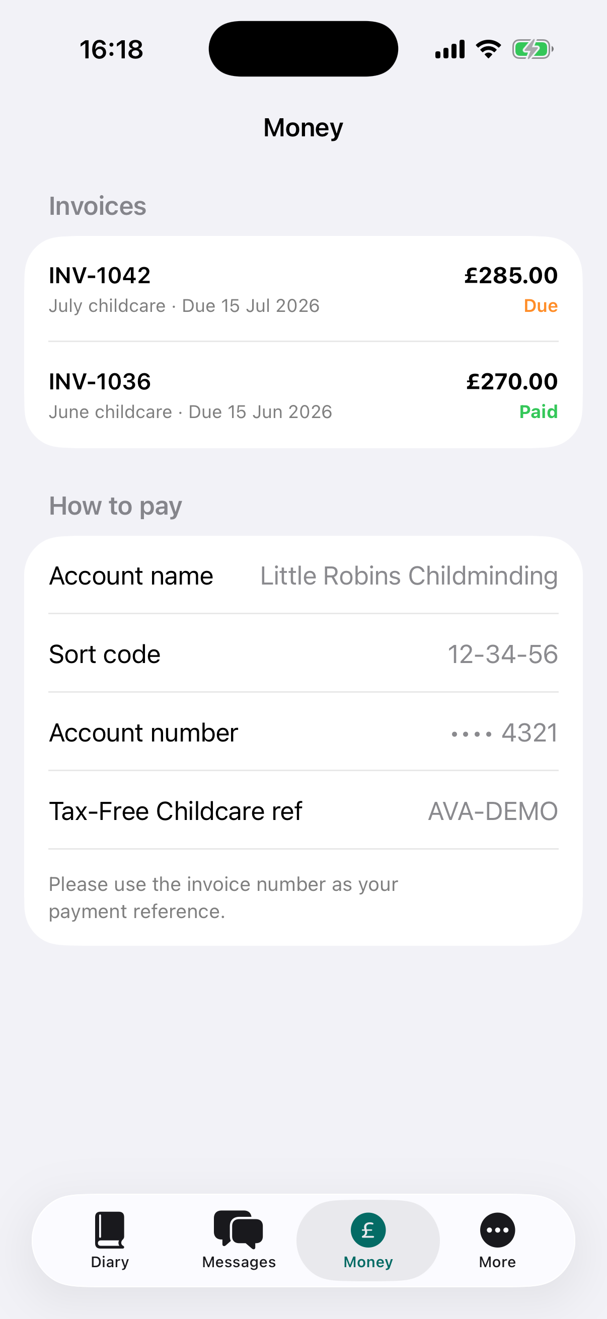 The Money tab in the MinderHQ parent app listing invoices and how to pay