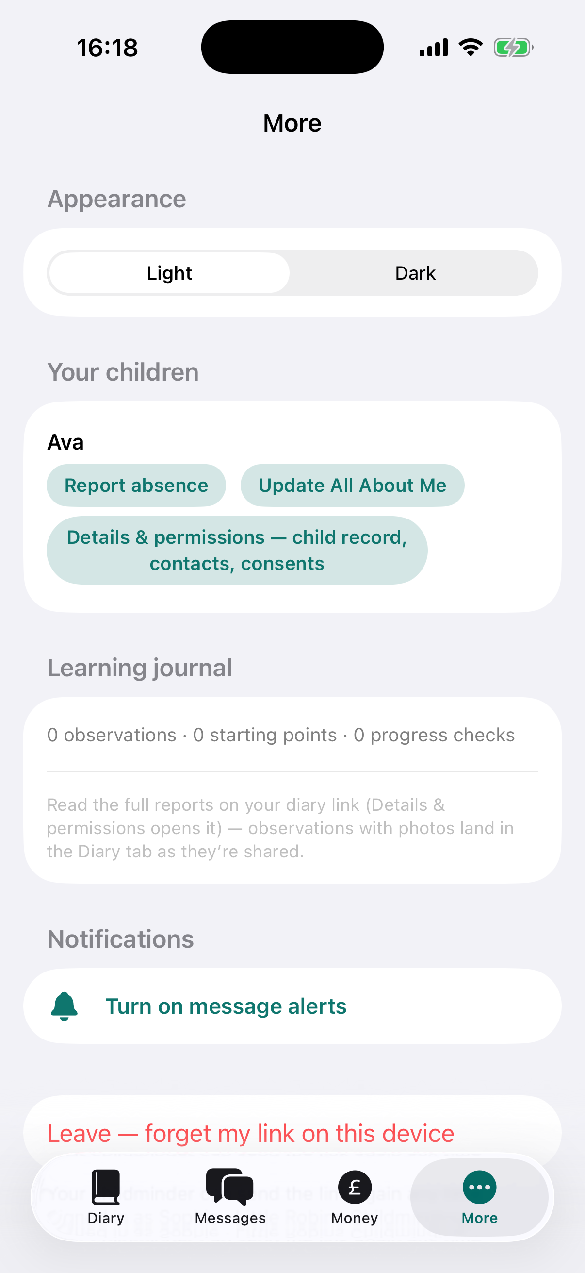 The parent app's More tab, where All About Me sits alongside Report absence and Details & permissions