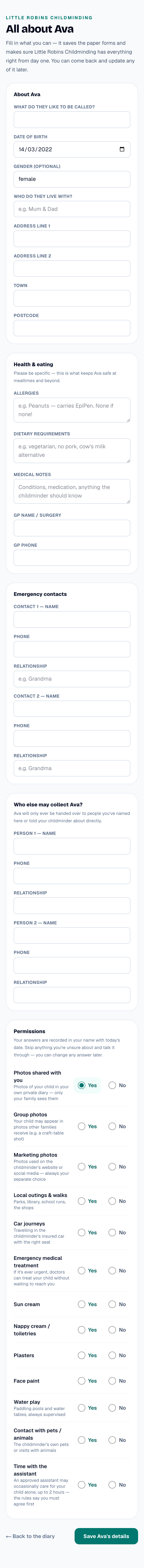 The All About form with contact details, health notes and yes/no permissions
