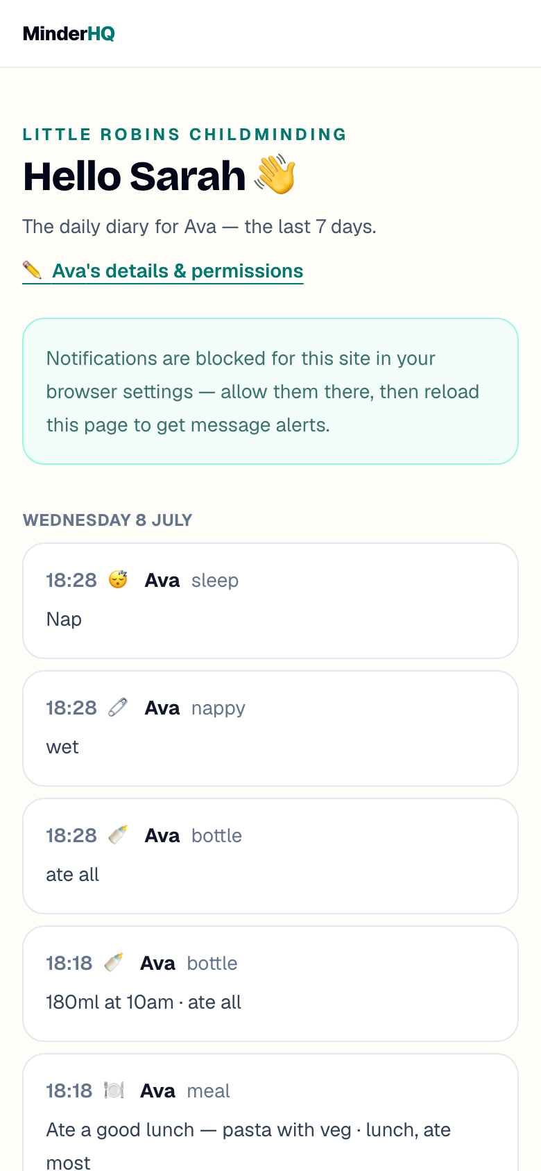 The parent diary on a phone, greeting the parent and showing the day's records