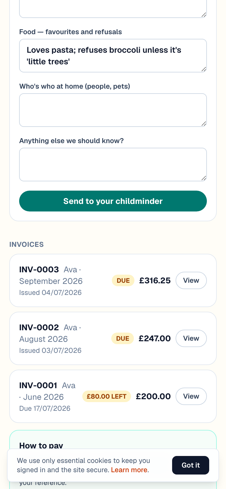 The parent portal showing an invoice with how-to-pay details