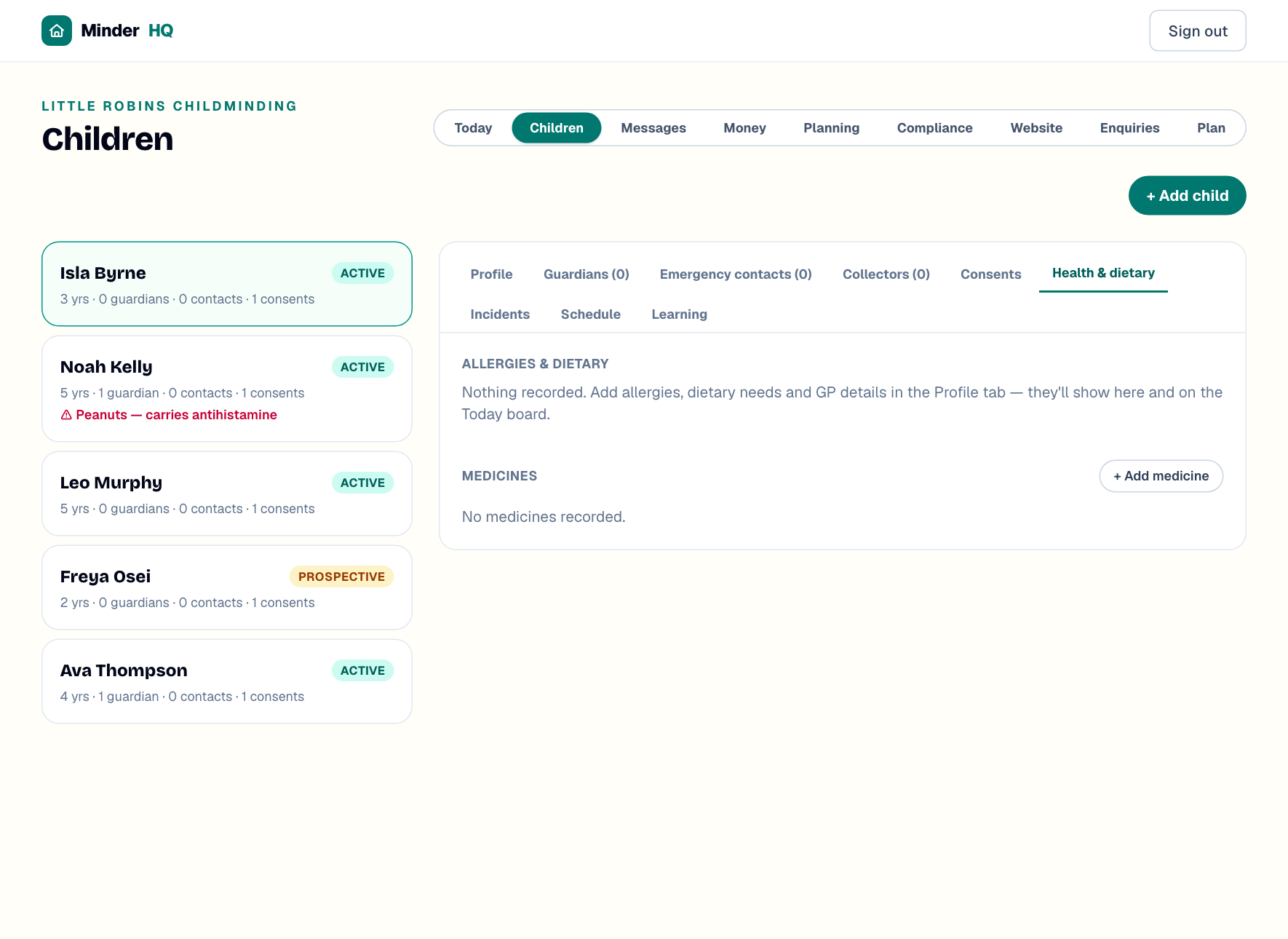 The Health & dietary tab showing allergies at a glance and a medicine with permission granted and a Log dose now button