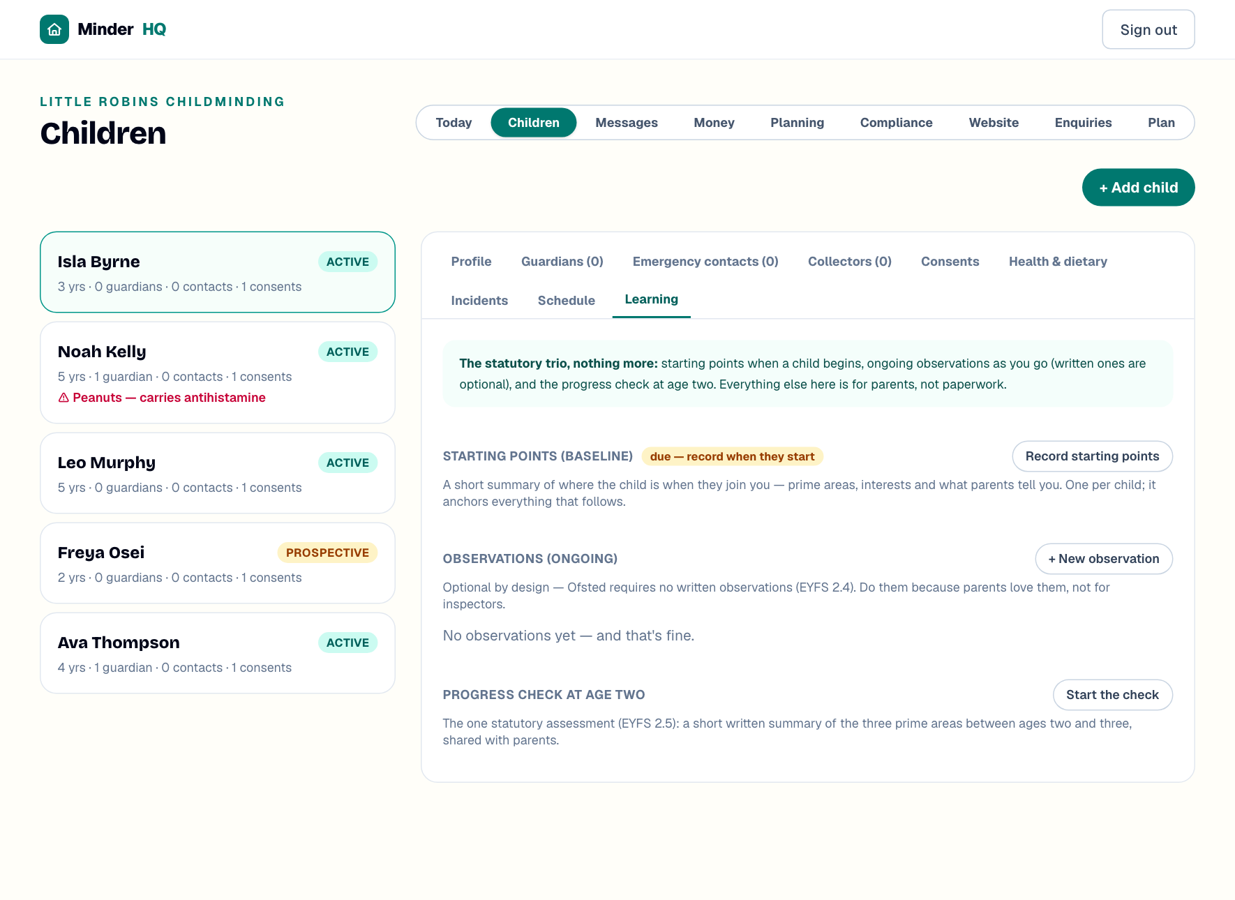 A child's Learning tab showing starting points with an All About Me card, an observation and the progress check at age two