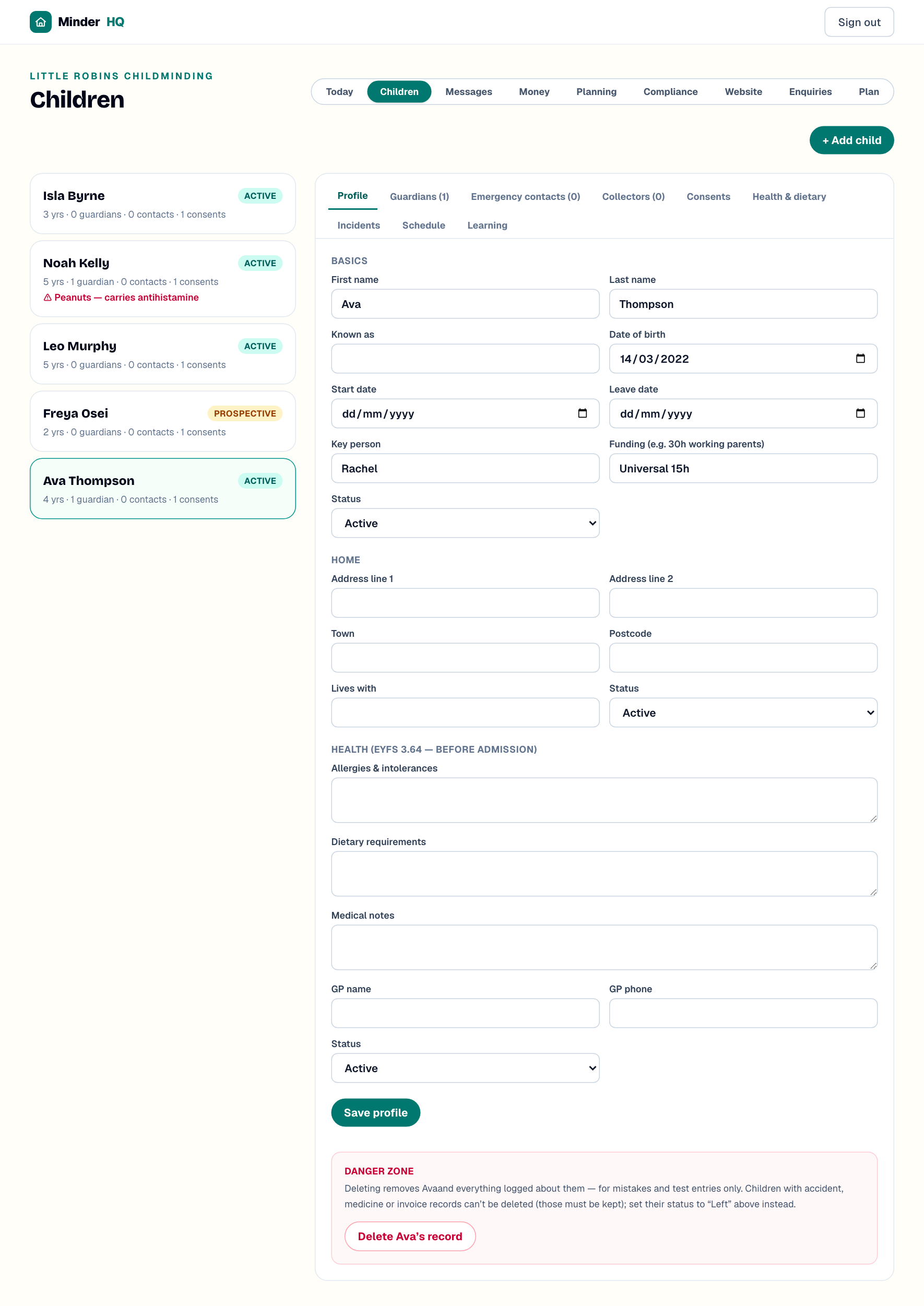 A child's Profile tab with Basics, Home and Health sections and the Save profile button