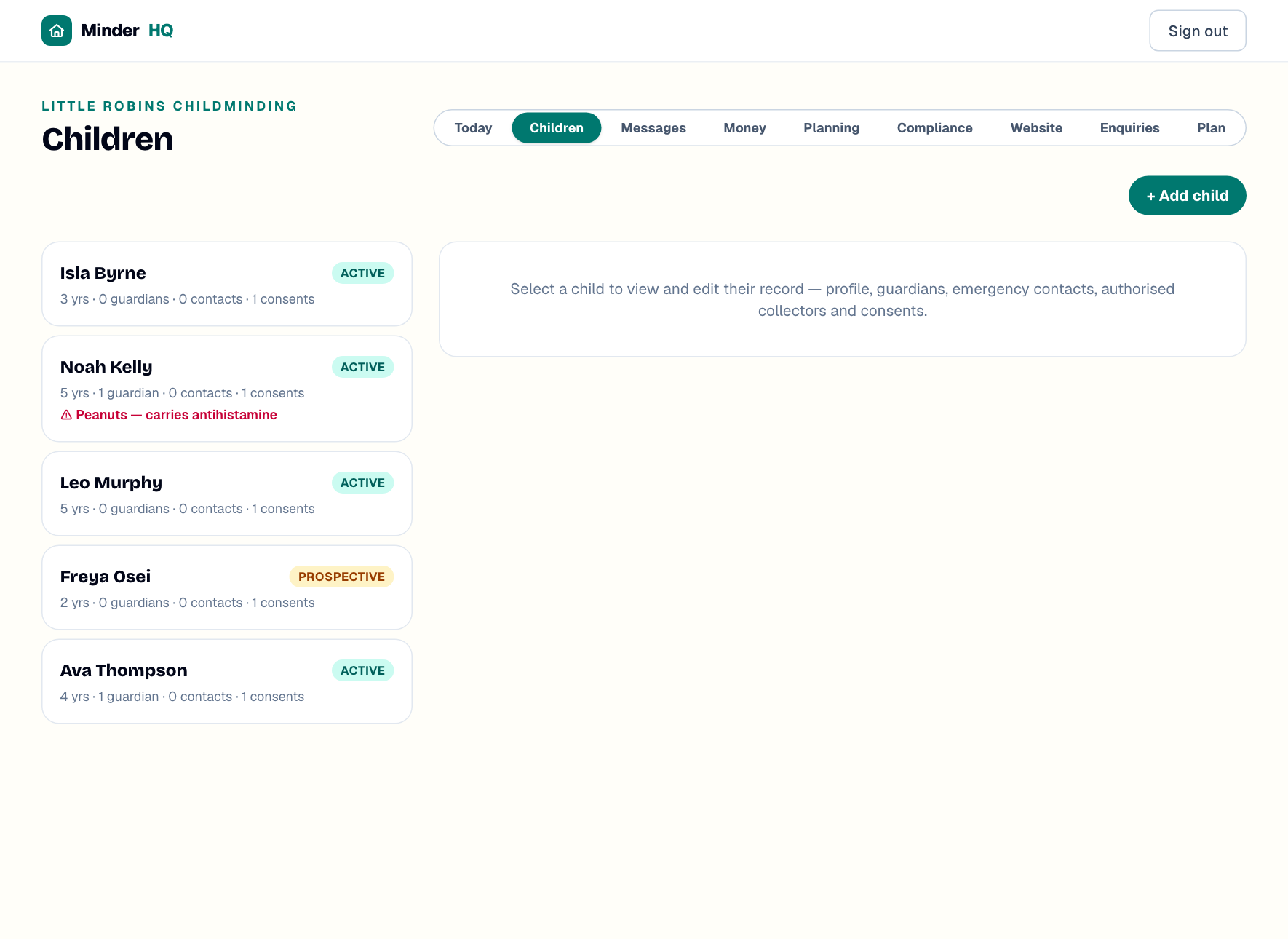 The Children view in MinderHQ, showing the child list on the left and the + Add child button at the top right
