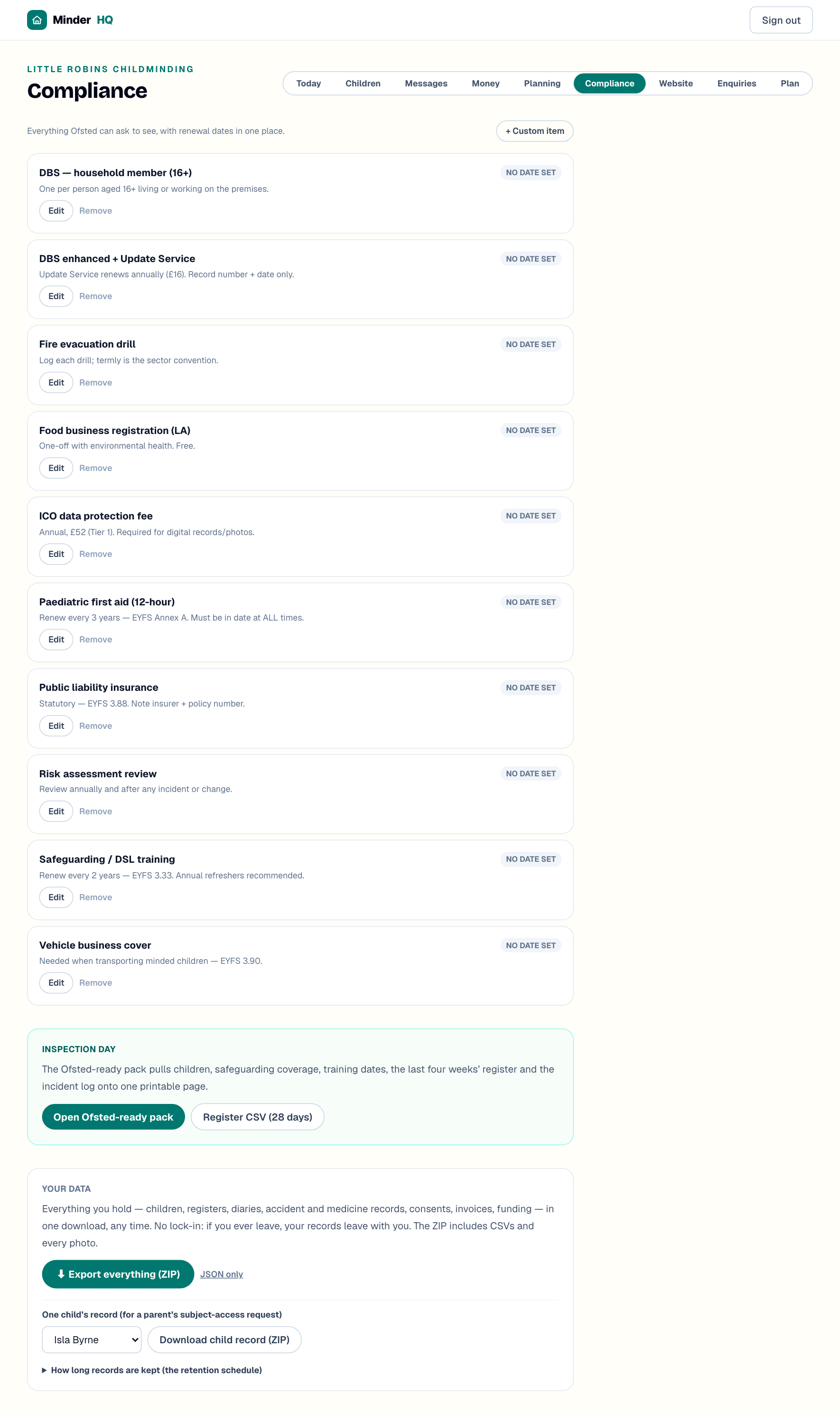 The Compliance view with the Your data card, showing Export everything (ZIP), JSON only and Download child record (ZIP)
