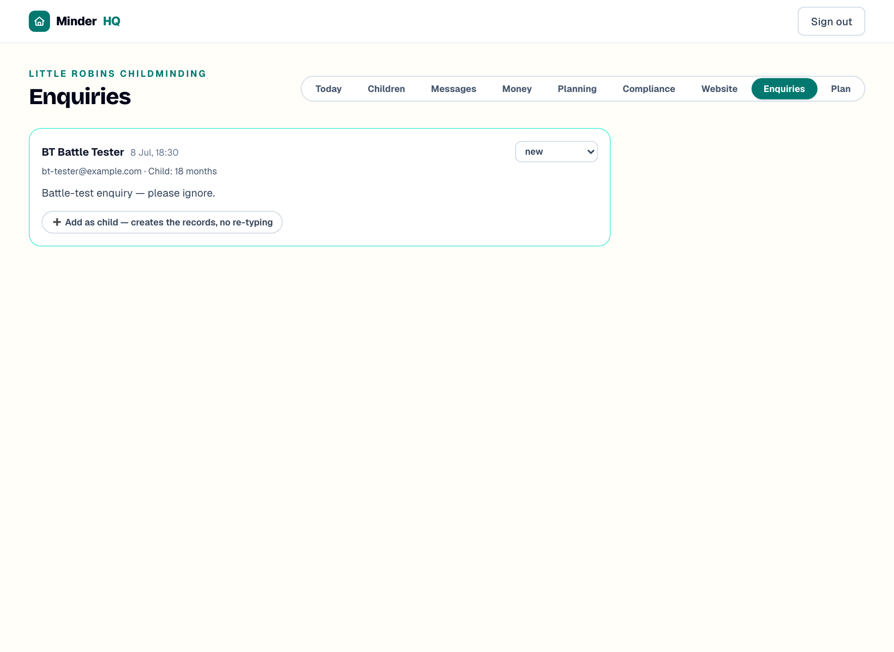 The Enquiries view with a new enquiry card, status dropdown and Add as child button