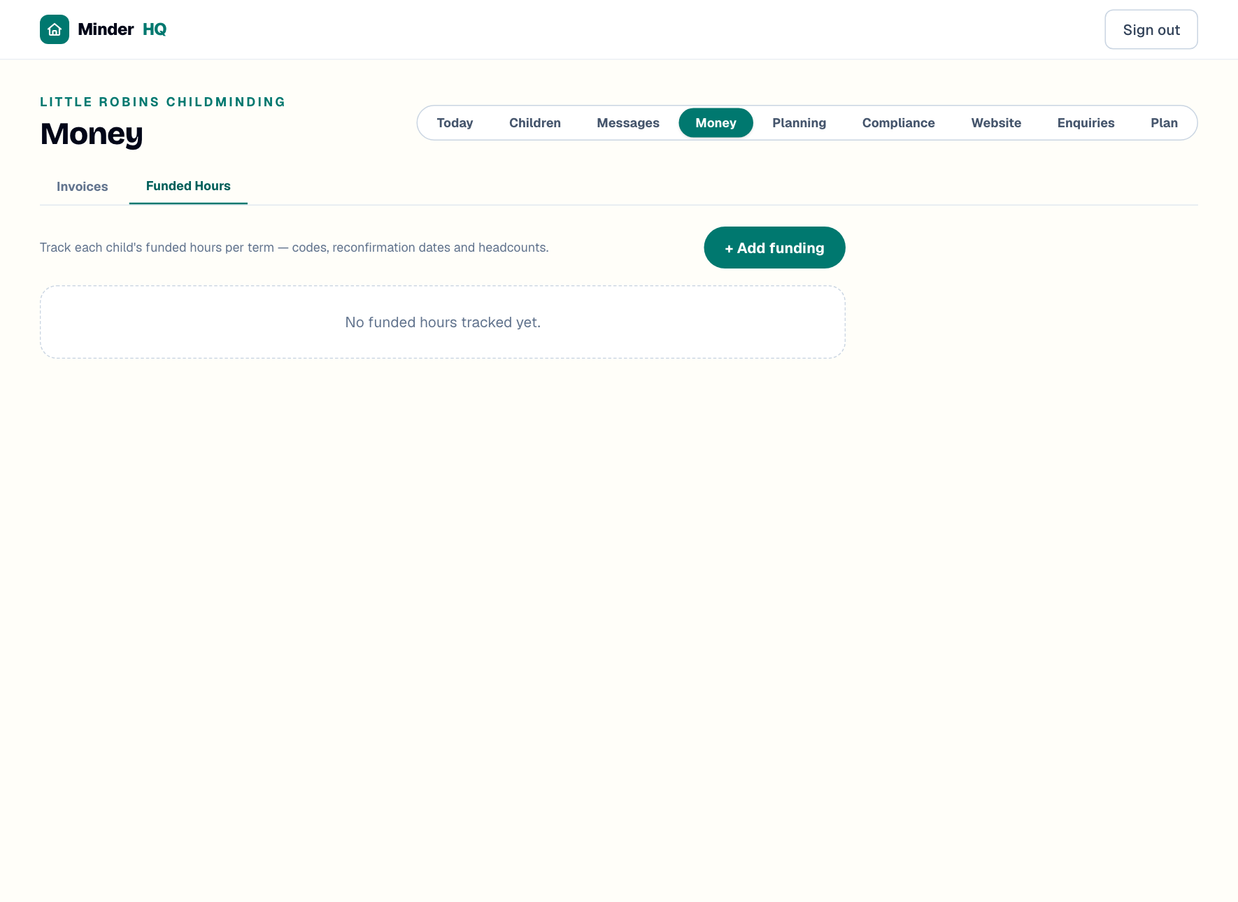 The Funded Hours tab with two children's funding cards, an amber reconfirm badge and the Headcount CSV button