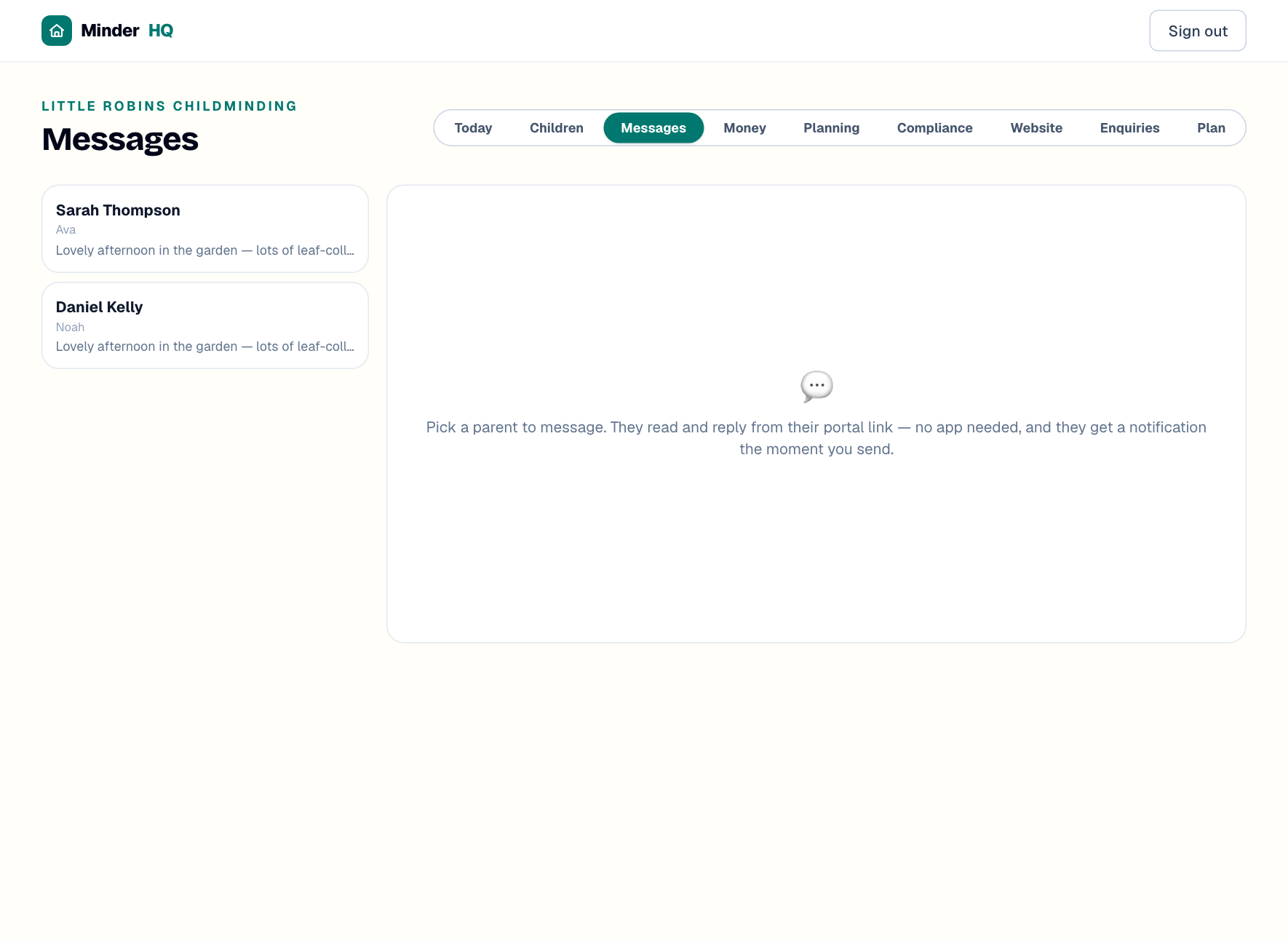 The Messages view: one thread per parent on the left, each with the children's names and an unread count badge