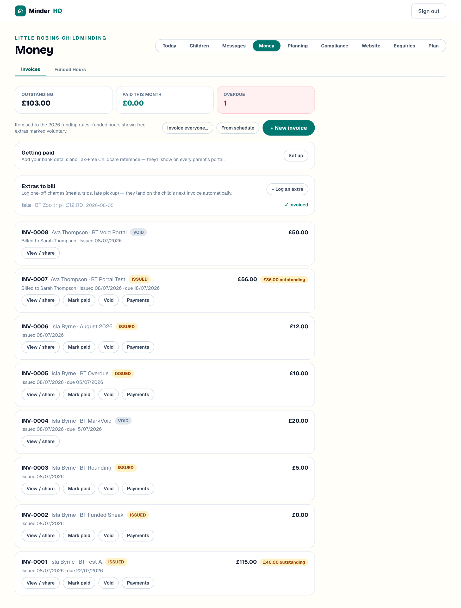 The Money view's Invoices tab, where funded hours appear as £0.00 lines on itemised invoices