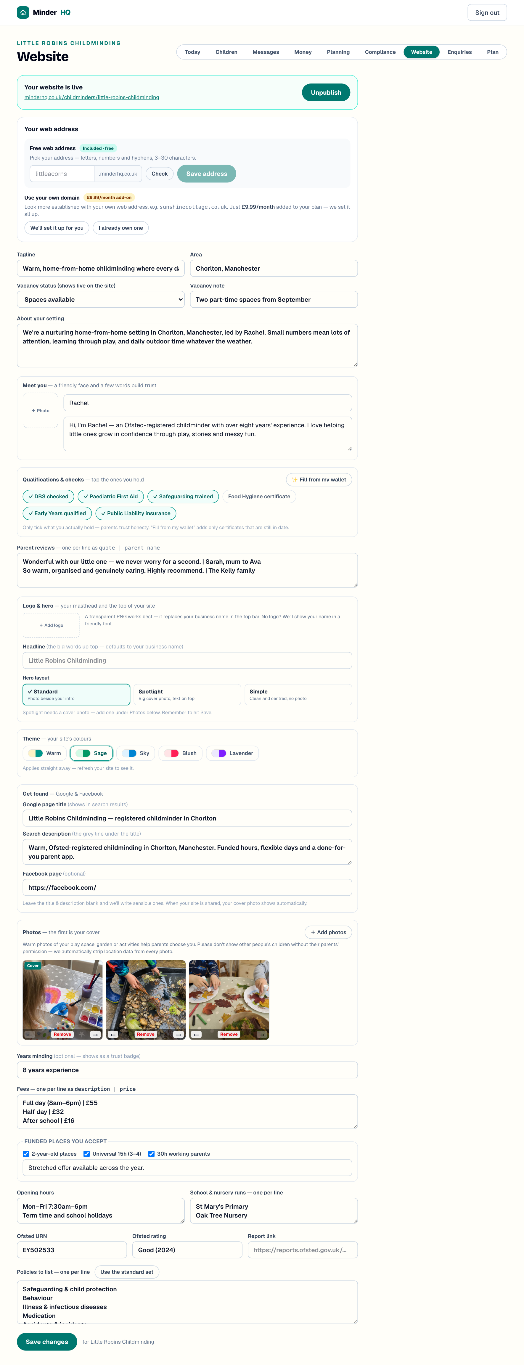 The Website editor showing vacancy status, fees, funded places and the publish controls