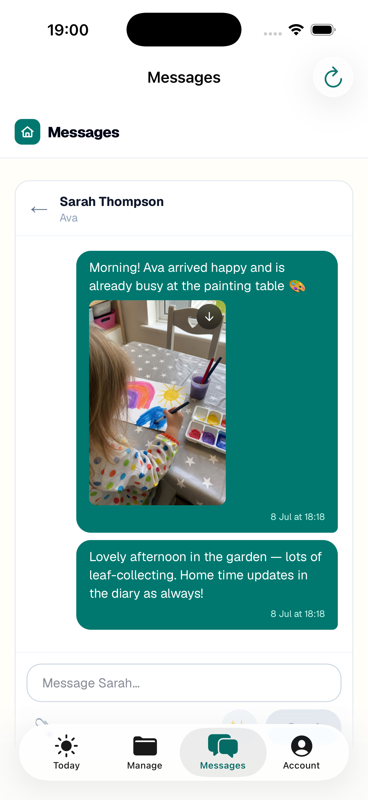 A childminder messaging a parent in the app, sharing a photo of their child painting