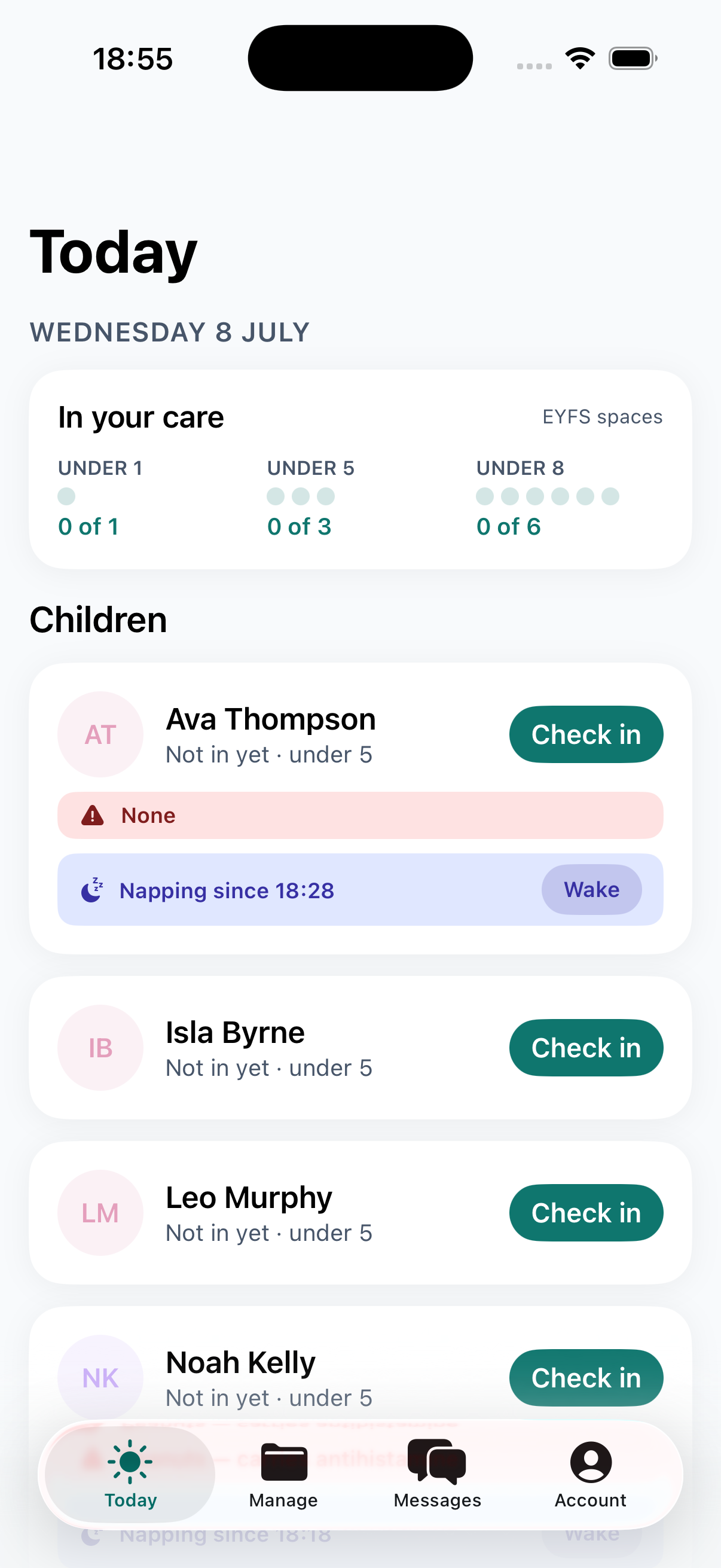 The MinderHQ Today board on a phone: children to check in, live EYFS ratio meters and the day's diary