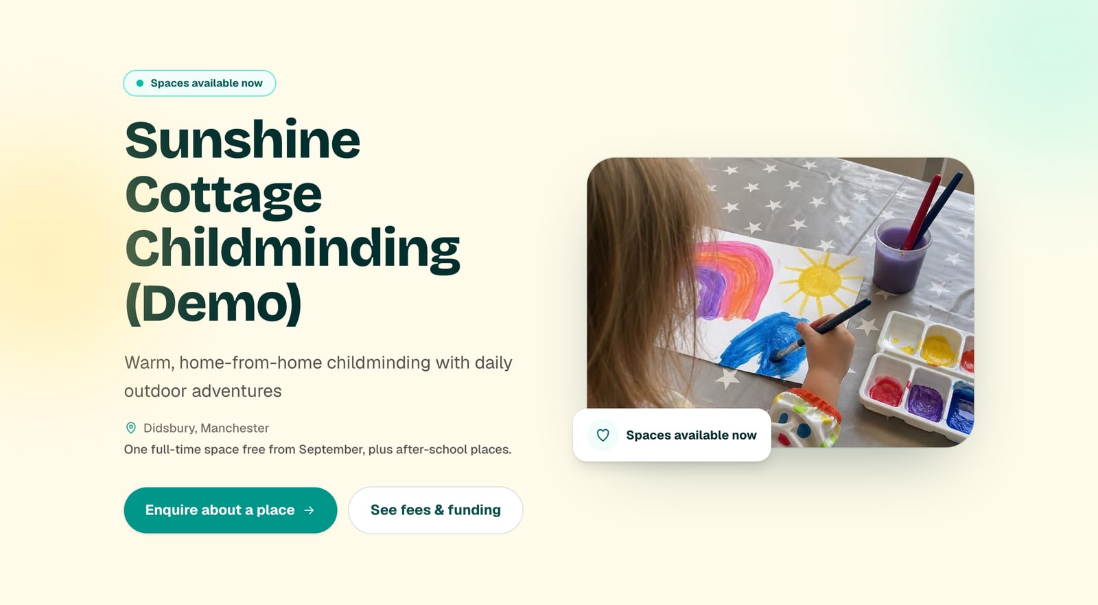 A childminder's done-for-you MinderHQ website: warm hero with a live vacancy badge, tagline and a photo of a child painting