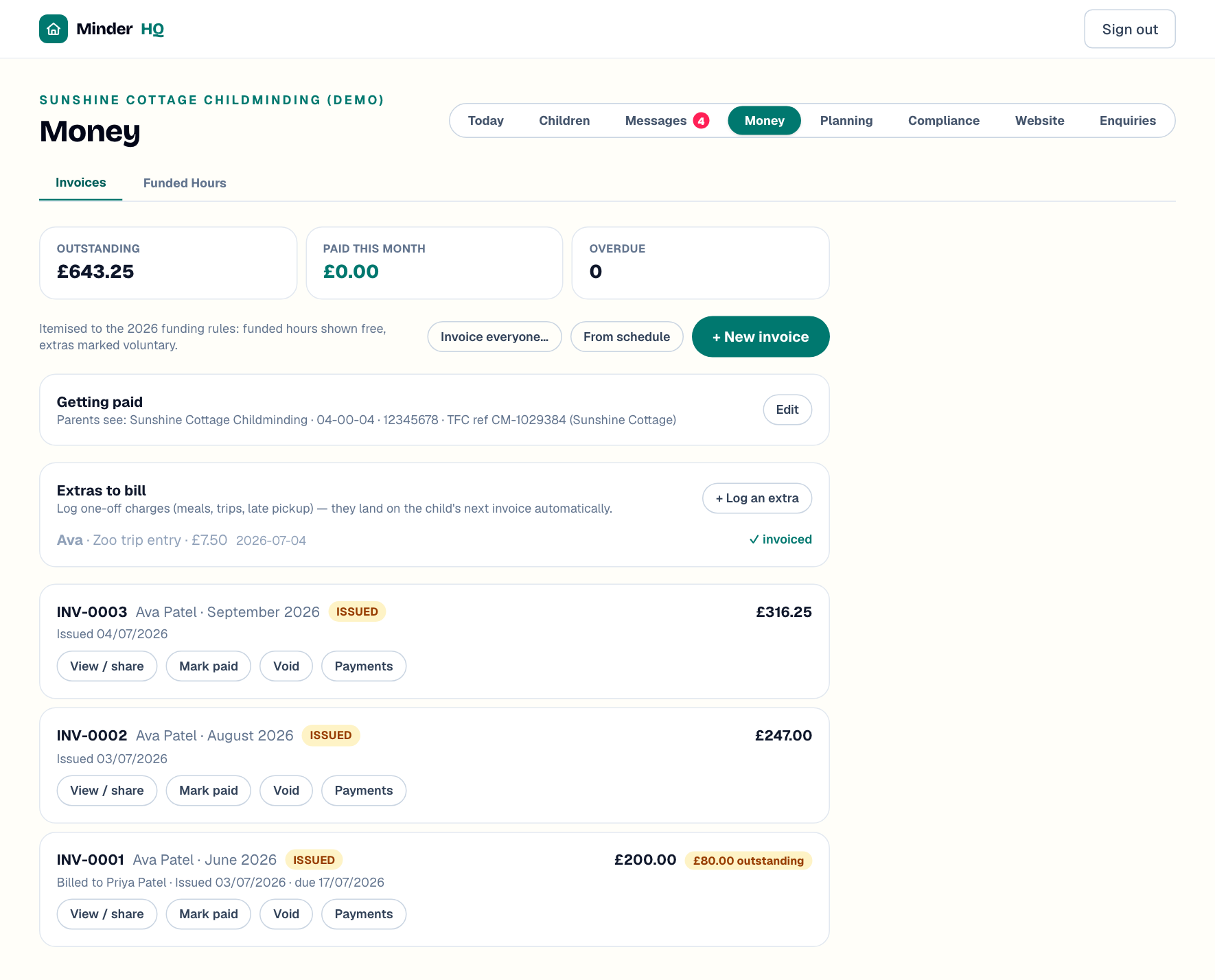 The MinderHQ Money view: itemised invoices, outstanding totals and how-to-pay details